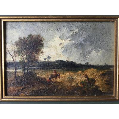 Oil On Wood, Countryside Landscape Early 1900, Donkey, Farmer ...