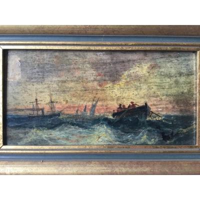 Marine Early 1900, Oil On Wood Representative Boats On A Sea Wave