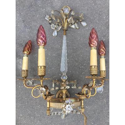 Pair Of Louis XVI Style Gilt Bronze Sconces And Crystal Pendants