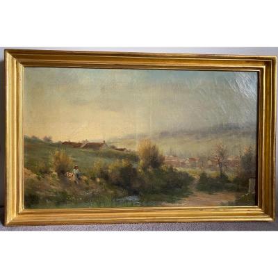 Paysage De Campagne Fin XIXème, Pêcheur à La Rivière, Signé Georges Lavaux, Cadre Doré 
