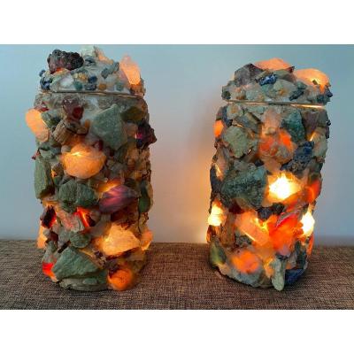 Pair Of Brazilian Lamps Circa 1970, In Plaster And Semi-precious Stones