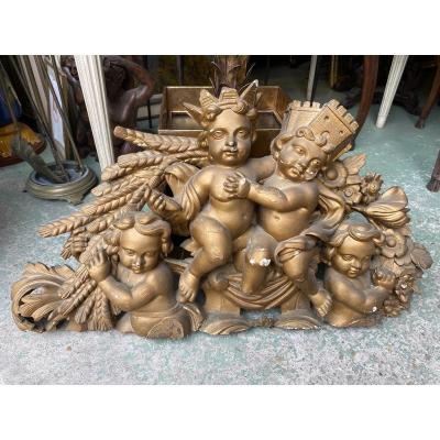 Nineteenth Mirror Pediment In Carved Wood, Cherubs Decor
