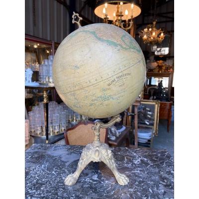 Terrestrial Globe End XIXth On Foot Claw In Cast Iron, By J. Lebègue Paris