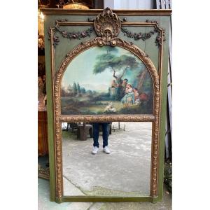 Louis XVI Style Trumeau Lacquered Green And Gilded, Late Nineteenth