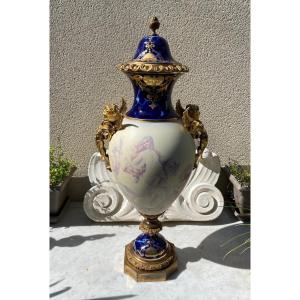 Sèvres Porcelain Vase Mounted Bronze, XIXth Time