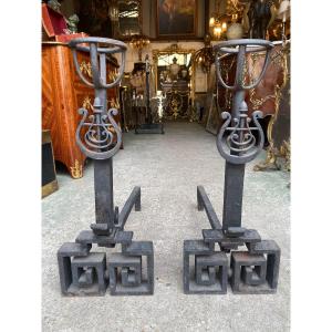 Pair Of Andirons Landier In Cast Iron Late 18th, Greek Decor