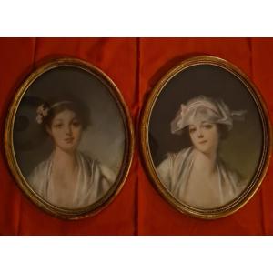 2 Portraits Young Woman In Charcoal Early 19th Century
