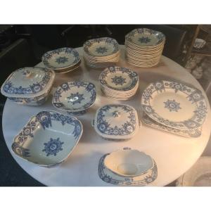 Gien Blue Earthenware Service 1880 Empire Model 54 Pieces