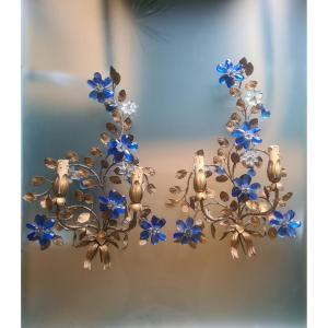 Pair Of Banci Wall Lights, 1970s, Brass With Blue Tassels