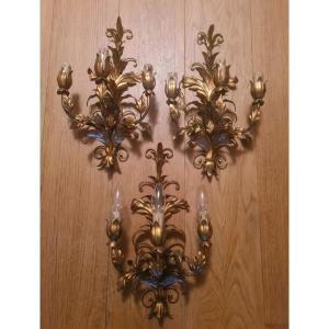 3 Gilt Brass Wall Sconces From 1950 In The Style Of Hans Kogl