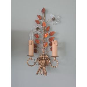Wall Light From 1950 By Oswald Haerdt, Brass And Amber-colored Glass