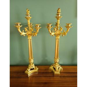 Pair Of Candelabras Gilt Bronze XIX Eme