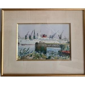 Watercolor Antille Liner At Quay 1960