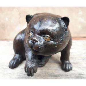 Okimono - Bronze Sculpture Of A Puppy By Munechika, Japan Meiji Era