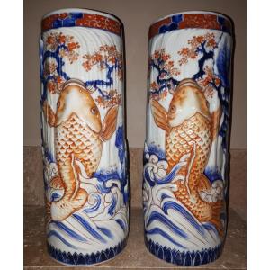 Arita Porcelain Vases With Carps Decoration, Meiji Era Japan