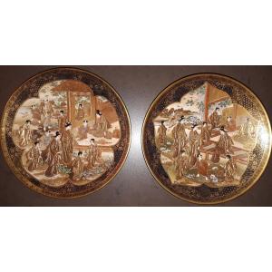 Pair Of Satsuma Earthenware Dishes, Meiji Era Japan