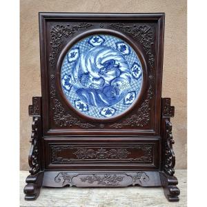 Large Chinese Hardwood And Porcelain Screen Decorated With A Dragon, China, 19th Century