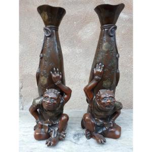 Pair Of Japanese Bronze Vases, Japan Meiji Period