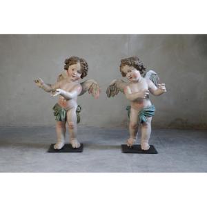 Pair Of Carved Wooden Angels