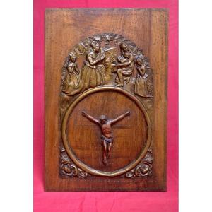 Wood Crucifix Panel - Brittany - Brass Bas-relief Decoration - 19th Century - Religious 19