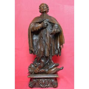 Wooden Statue 64cm - Saint Priest And Demon - 18th Century - Religious Sculpture 18