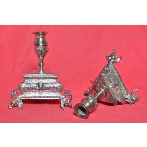 2x Renaissance Style Candlestick - Silver Plated Bronze - 19th Century Candelabra Candle 19