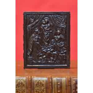 Miniature Iron Plaquette - Virgin Mary, St. Dominic, St. Catherine - 19th Century Religion 19