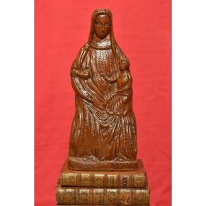 Medieval Style Virgin And Child - Wood Statuette - 19th Century - Religious Sculpture