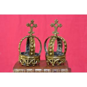 2x Crown For Religious Statue - Brass - 19th Century - Virgin Mary Jesus Religion Ornament 19