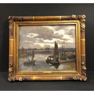 Boats At The Quay, Pastel Signed Janssaud (1857-1940)