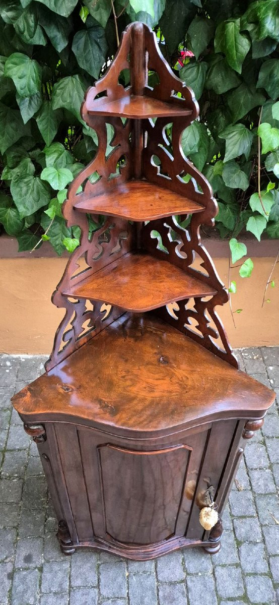 Angoliera cantonale antico bombata in noce con etagere-photo-2