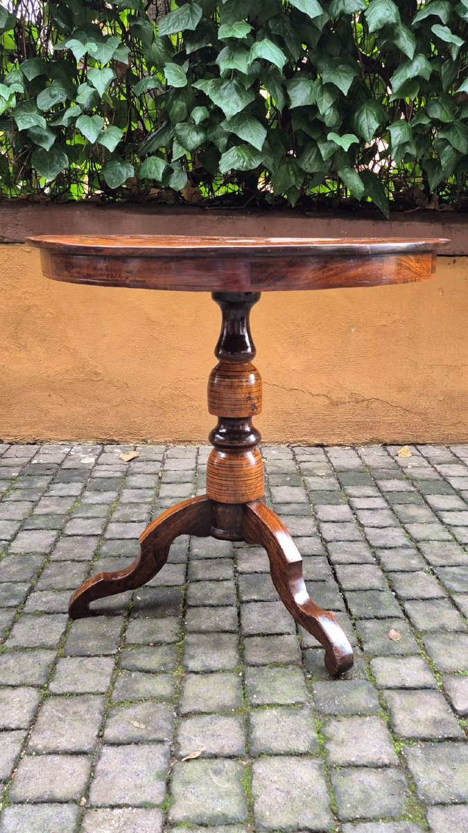 Tavolino tondo antico di Rolo con marchettatura a cubi-photo-1