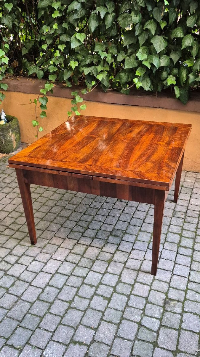Tavolo antico allungabile a tiro lastronato noce e filetato-photo-2