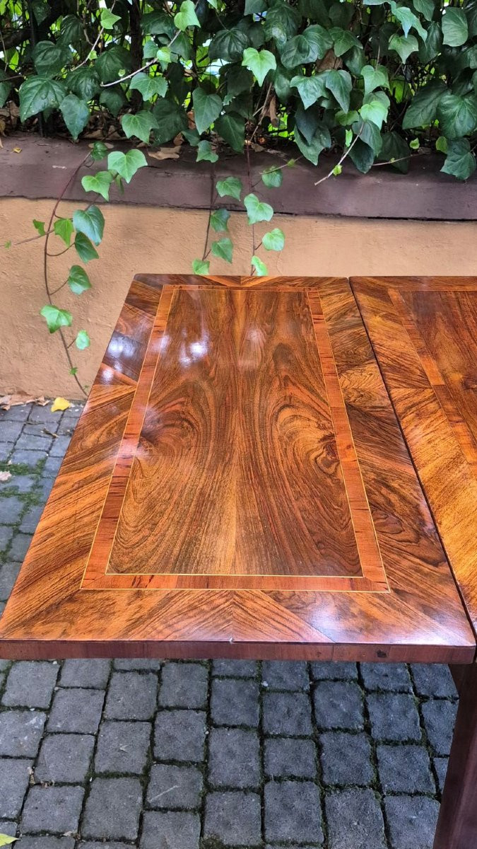 Tavolo antico allungabile a tiro lastronato noce e filetato-photo-5