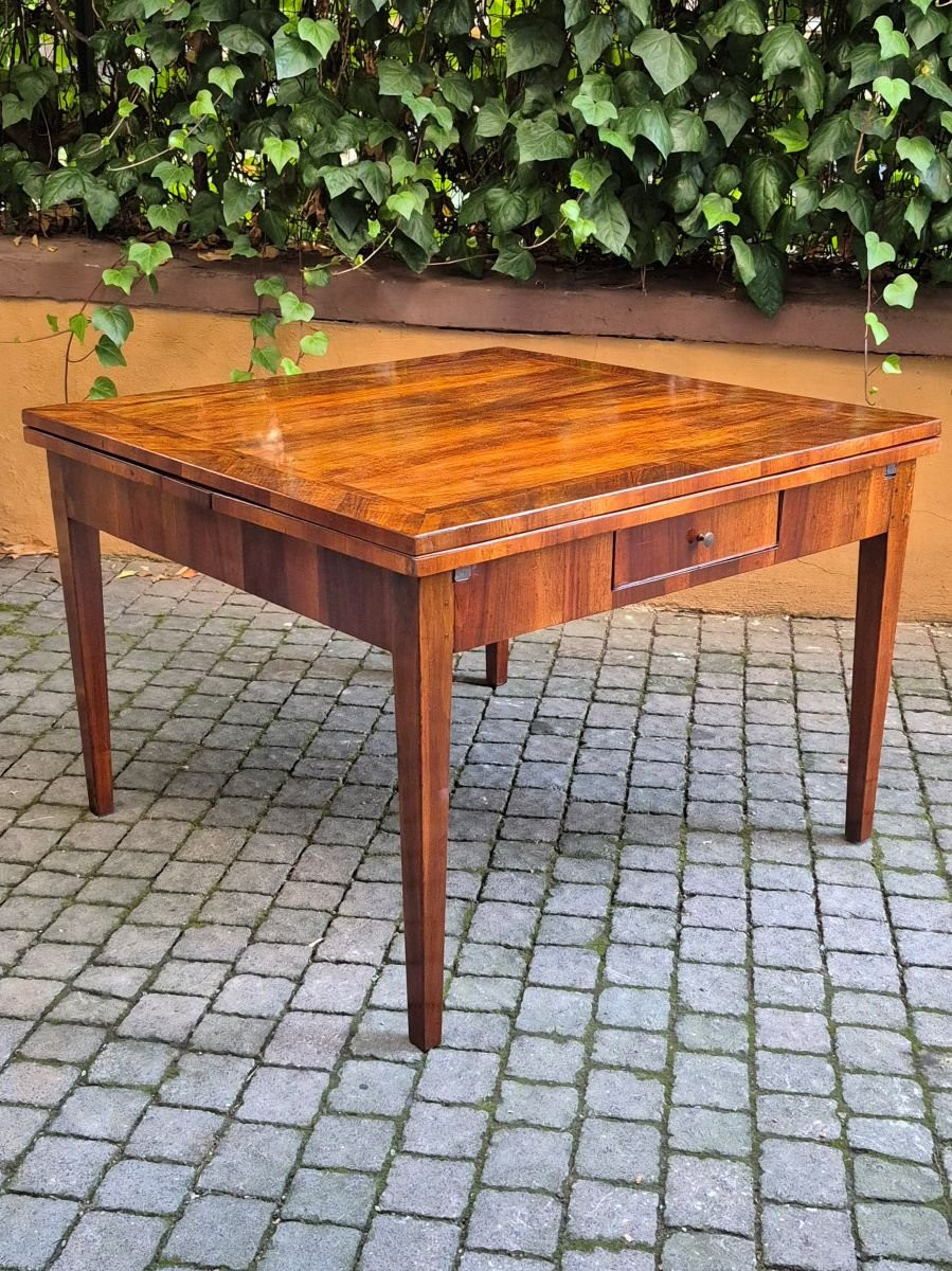 Tavolo antico allungabile a tiro lastronato noce e filetato-photo-6