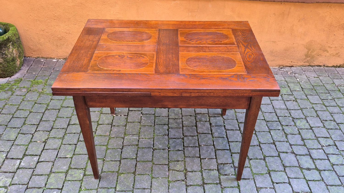 Tavolo allungabile a tiro antico dell'800 con filetti geometrici