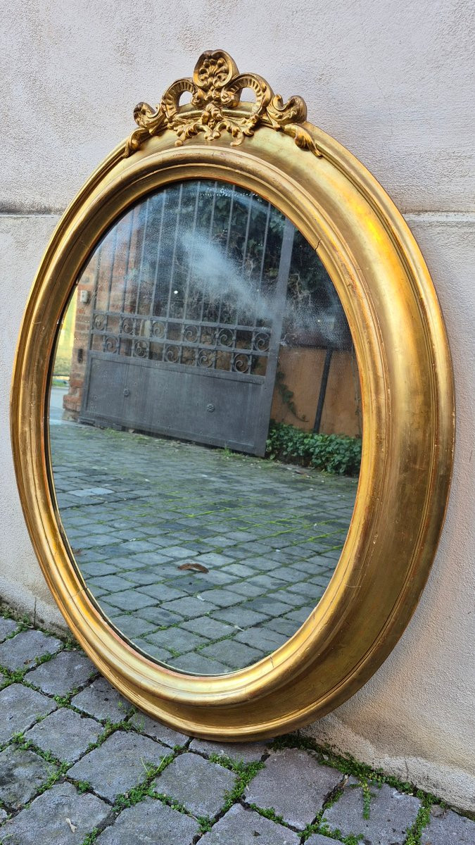 Specchiera ovale dorata antica con cimasa-photo-2