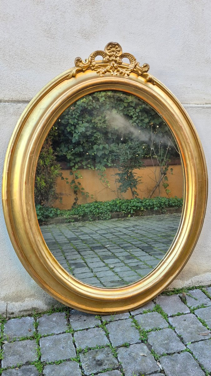 Specchiera ovale dorata antica con cimasa-photo-2