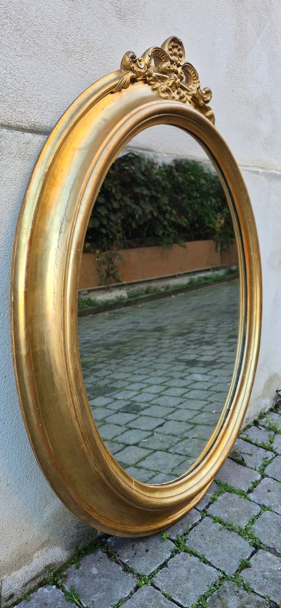 Specchiera ovale dorata antica con cimasa-photo-3