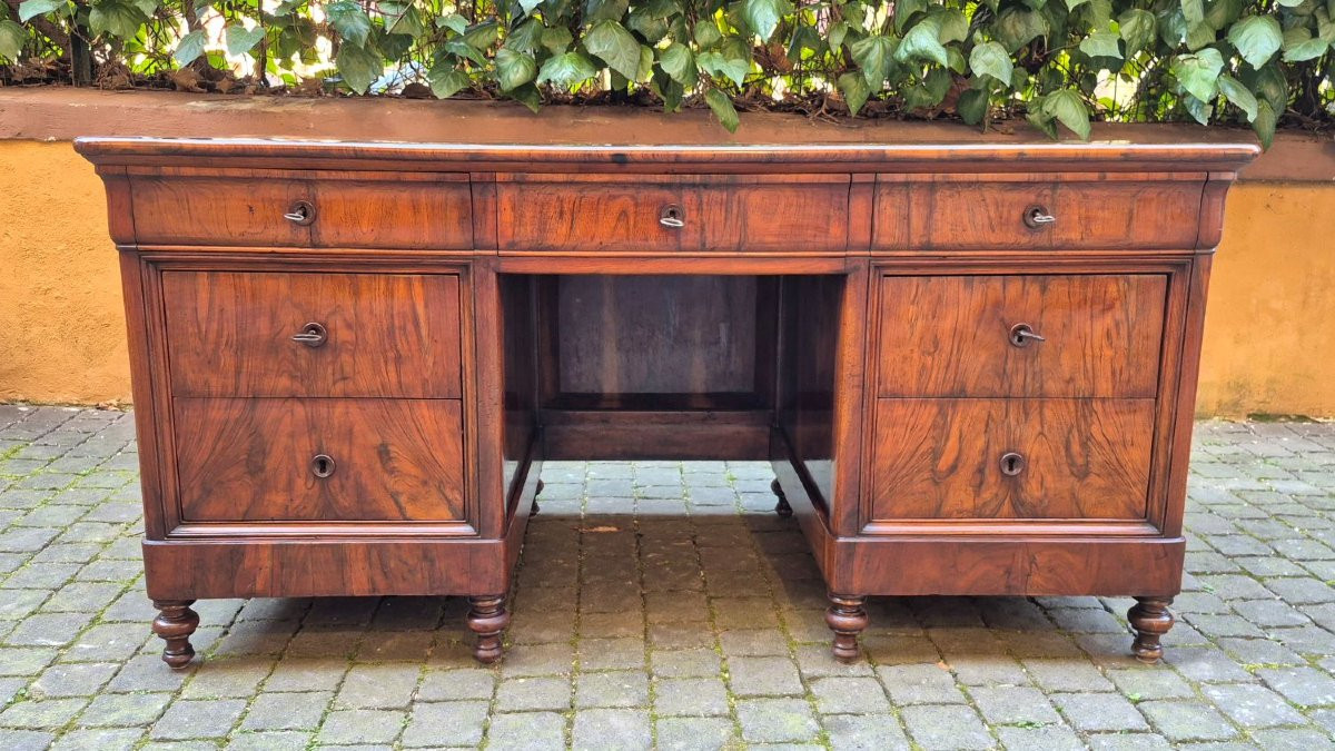Scrivania antica Luigi Filippo lastronata in noce e radica con gola-photo-1