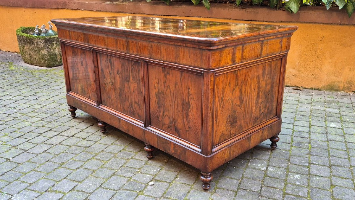 Scrivania antica Luigi Filippo lastronata in noce e radica con gola-photo-8