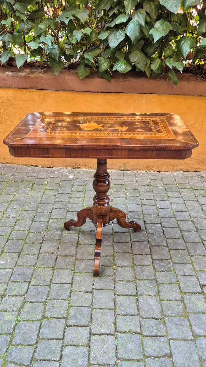 Tavolino rettangolare antico di Rolo con intarsio Mercurio-photo-2