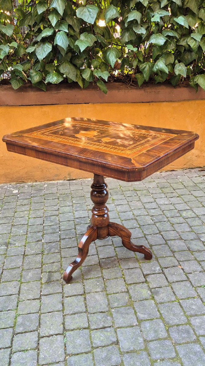 Tavolino rettangolare antico di Rolo con intarsio Mercurio-photo-3