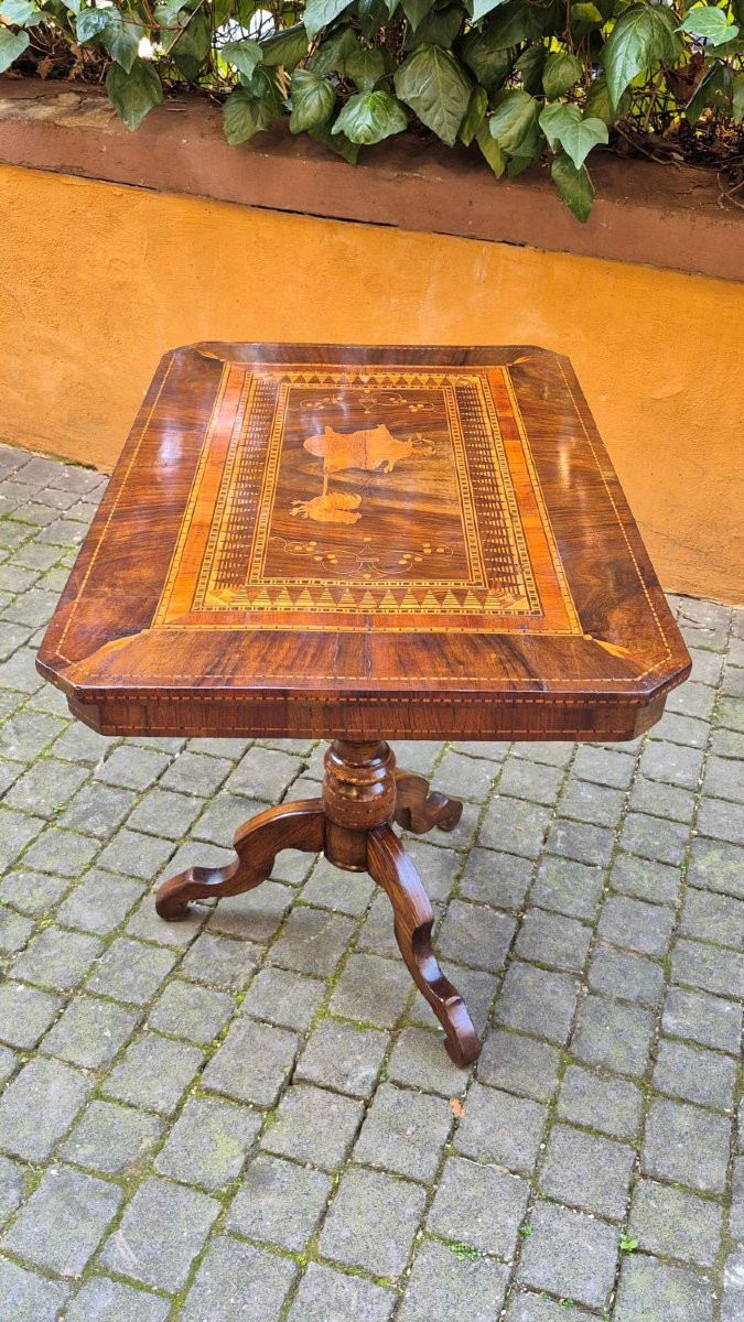 Tavolino rettangolare antico di Rolo con intarsio Mercurio-photo-2