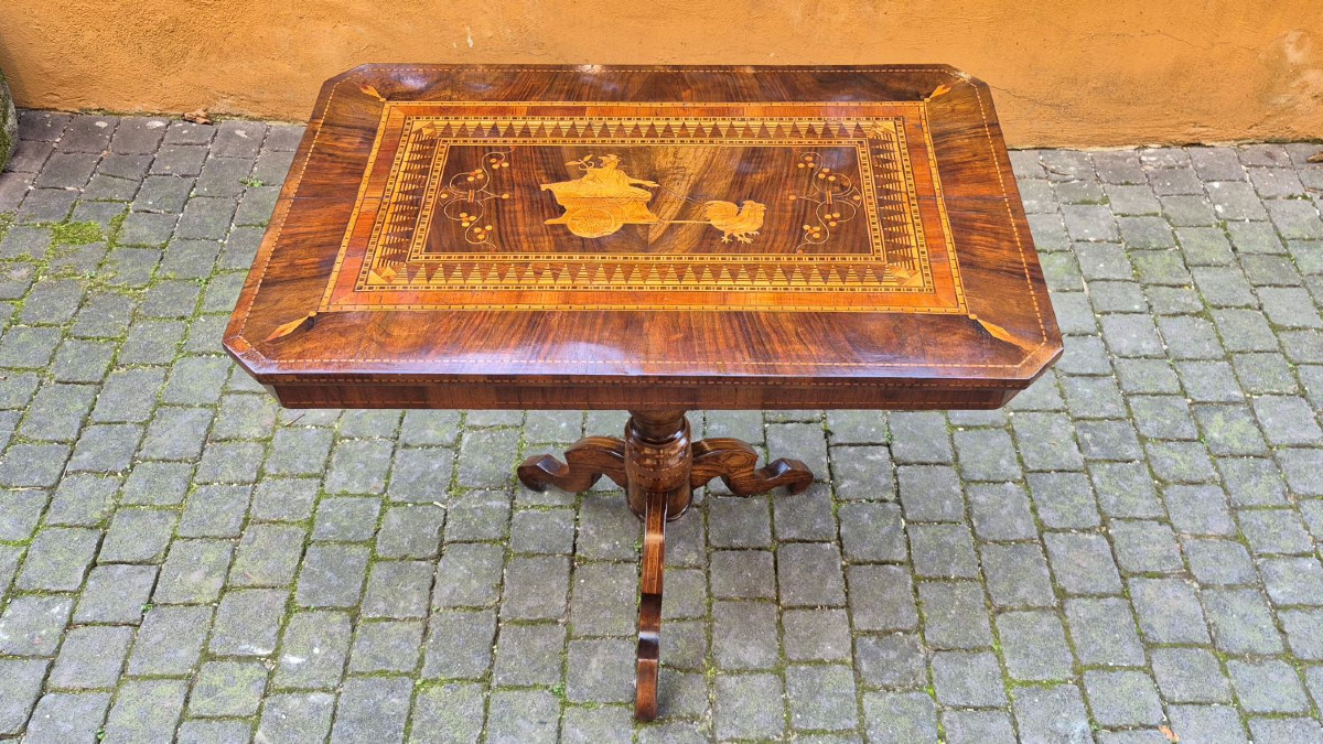 Tavolino rettangolare antico di Rolo con intarsio Mercurio