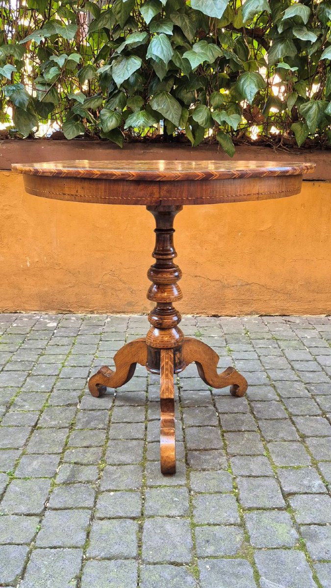 Tavolino tondo antico di Rolo intarsiato-photo-2