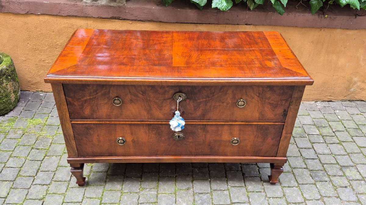 Comò cassettone antico a due cassetti lastronato in noce e radica-photo-2