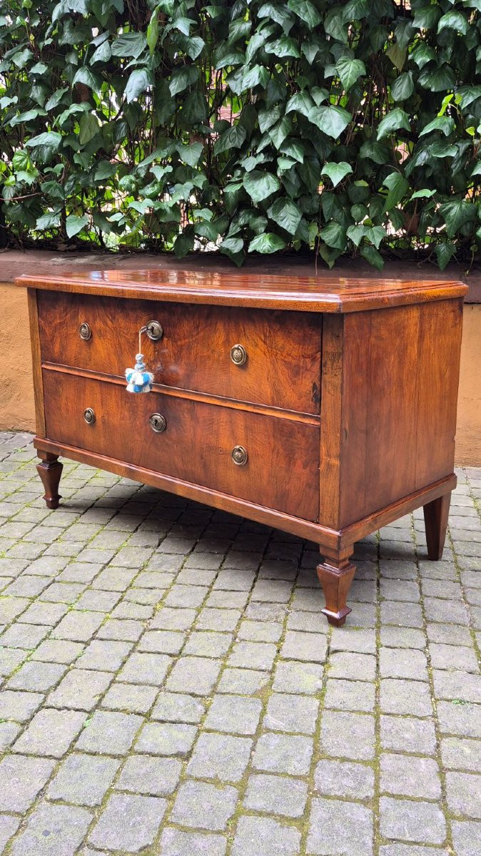 Comò cassettone antico a due cassetti lastronato in noce e radica-photo-4