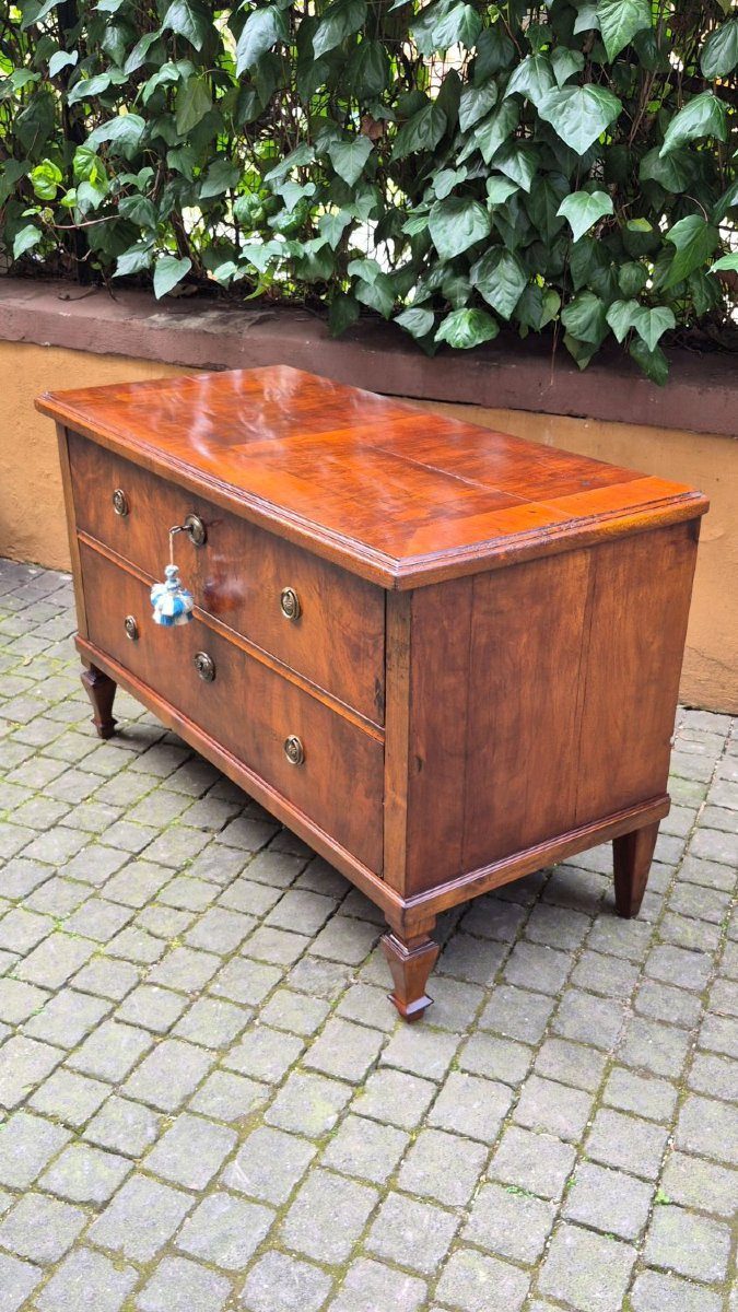 Comò cassettone antico a due cassetti lastronato in noce e radica-photo-3
