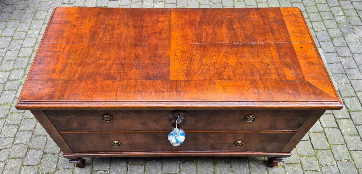 Comò cassettone antico a due cassetti lastronato in noce e radica-photo-5